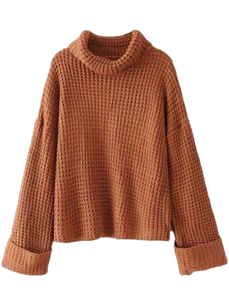 Goodnight Macaroon 'Retta' Cognac Ribbed Cropped Turtleneck Sweater Front