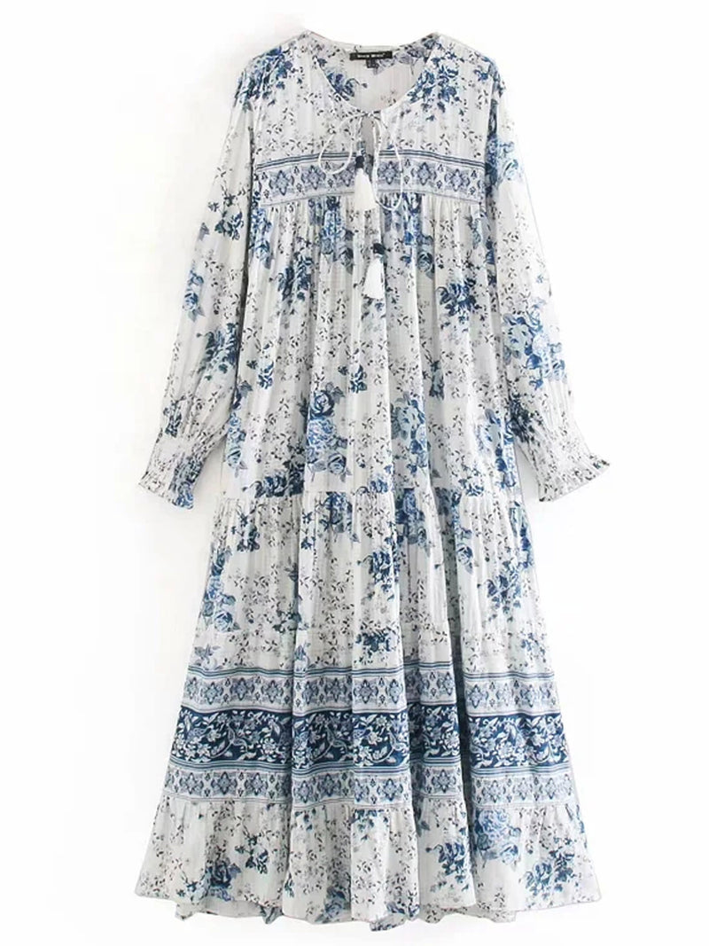 blue patterned maxi dress