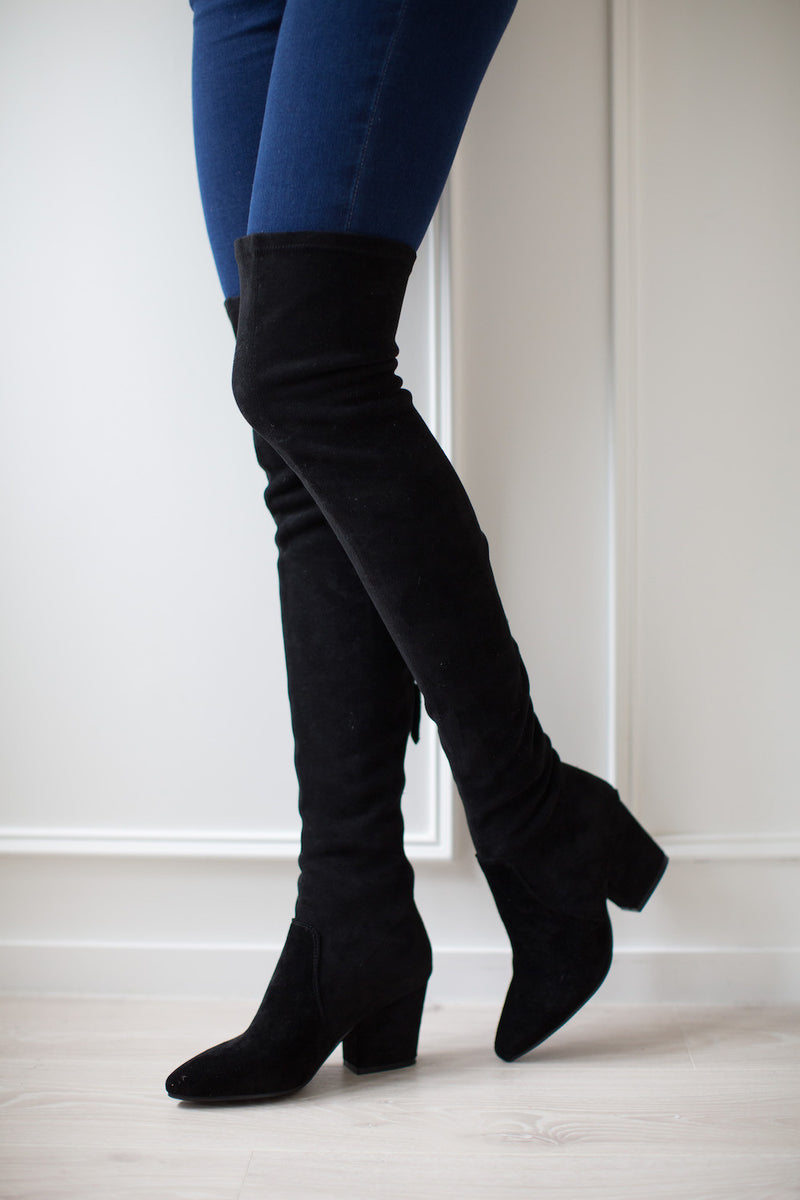 black leather over the knee boots with heel