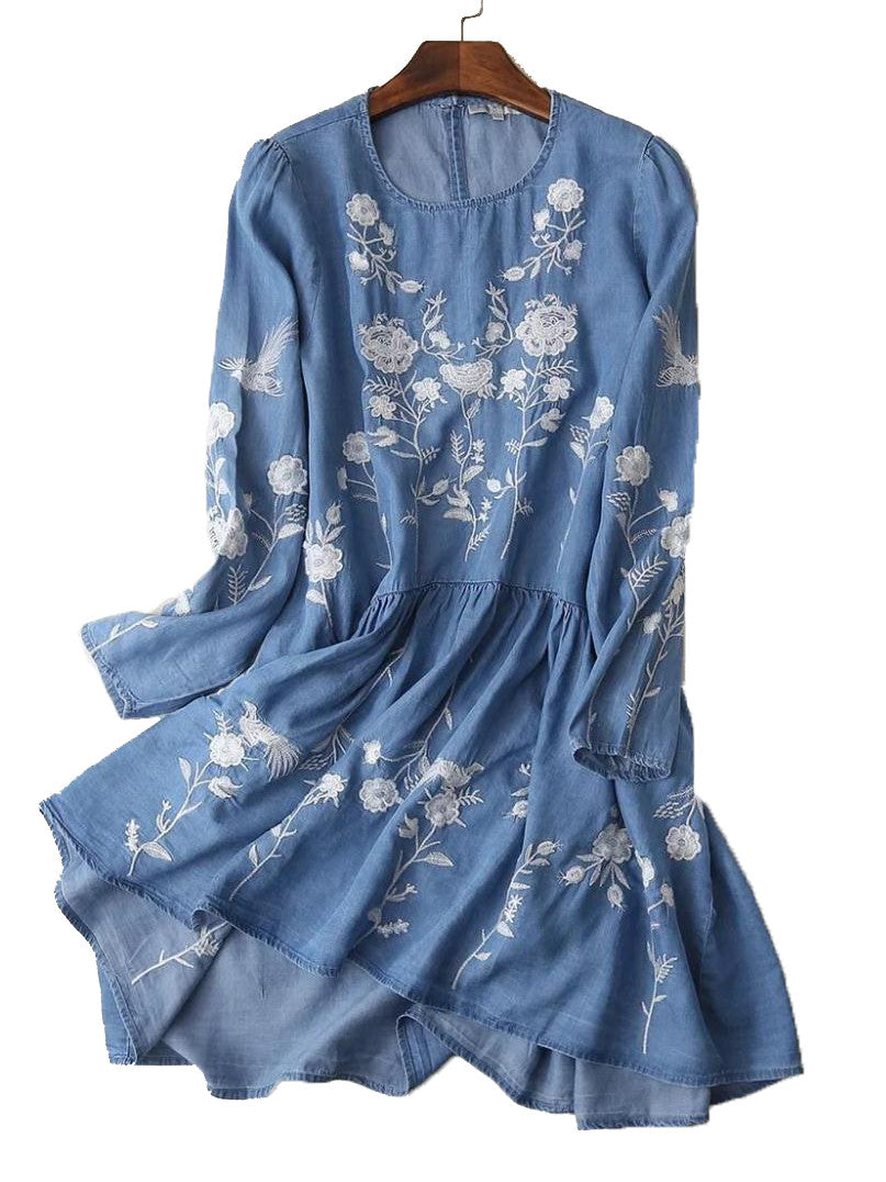 'Marleen' Embroidered Light Blue Chambray Dress - Goodnight Macaroon