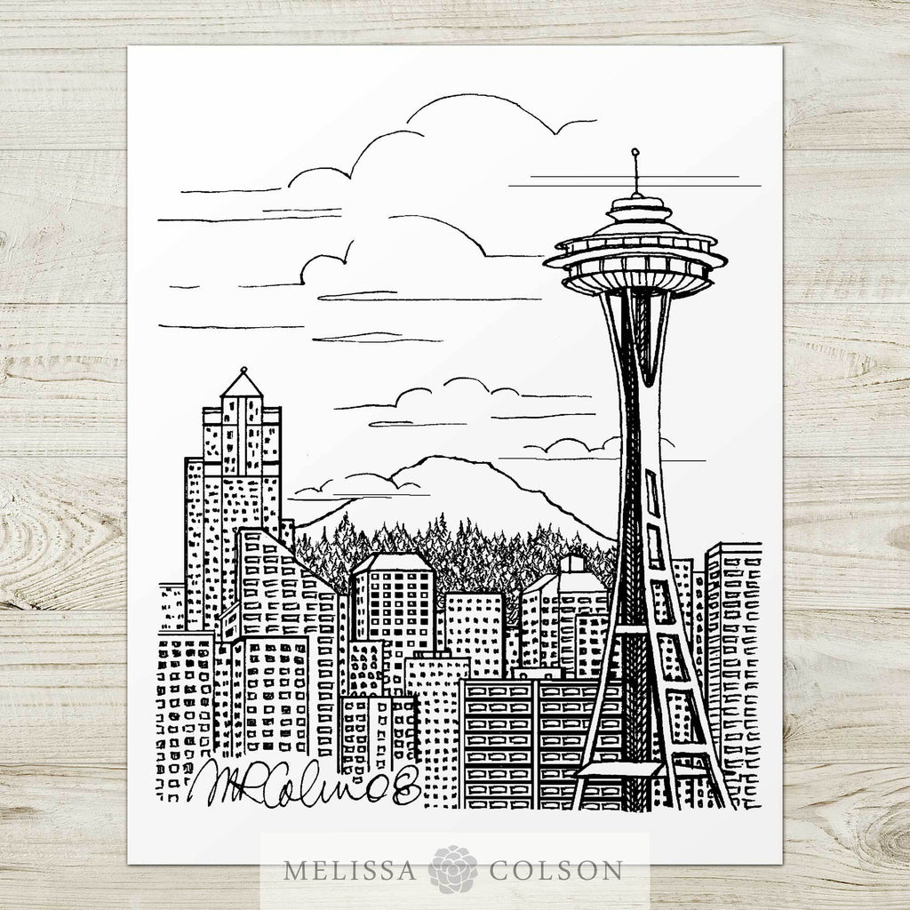 Seattle Skyline Pen and Ink Giclée Art Print