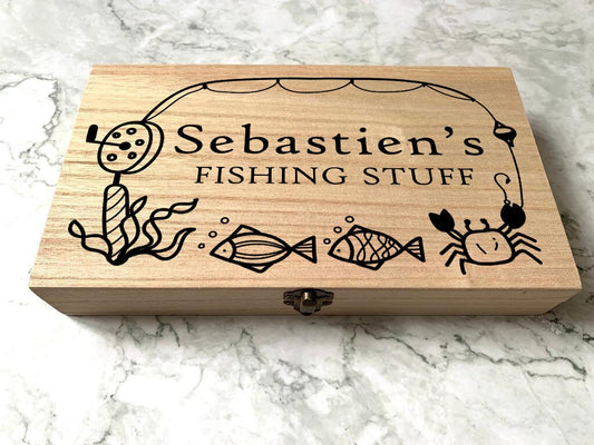 Personalised Engraved Wooden Fishing Box, Tackle Box with Fisherman an