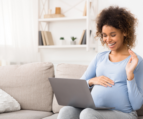 Pregnant Woman on Computer, Virtual Appointments, Virtual Classes