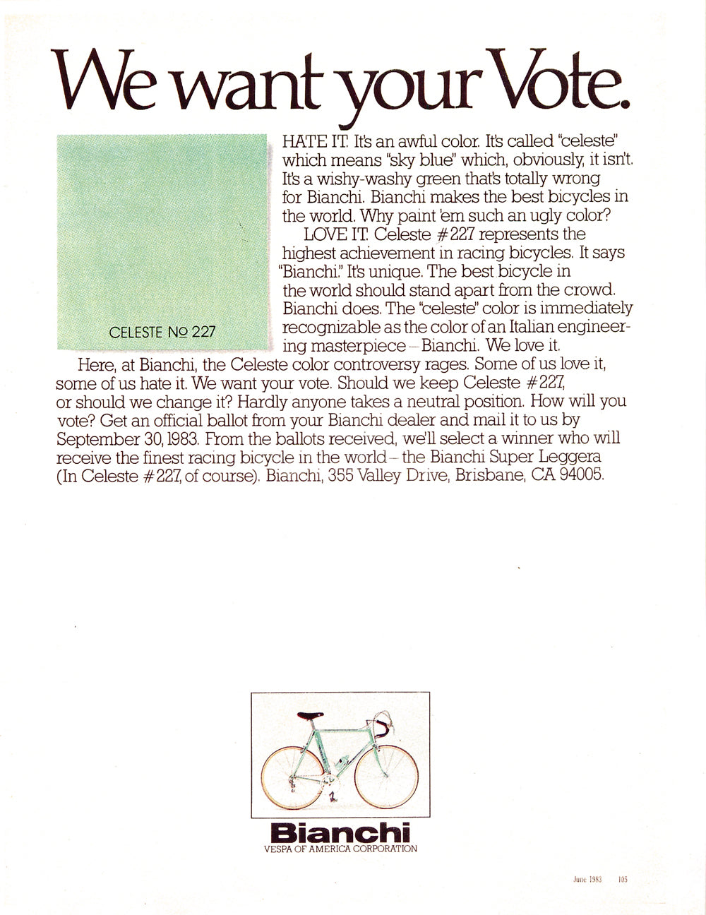Classic Bianchi Celeste - We Want Your Vote! 1983 Vintage Magazine Scan - Pedal Pedlar