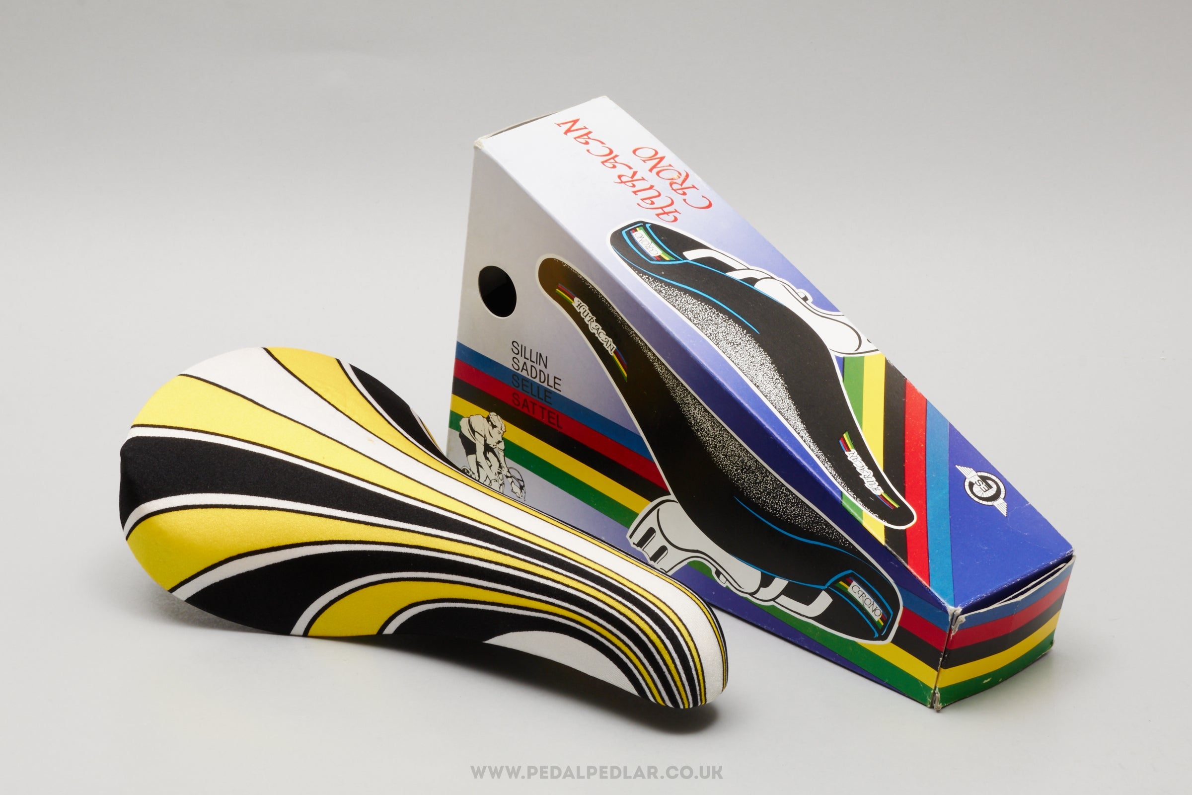 GES Huracan Crono NOS/NIB Vintage Yellow / White / Black Striped Saddle - Pedal Pedlar - Buy New Old Stock Bike Parts