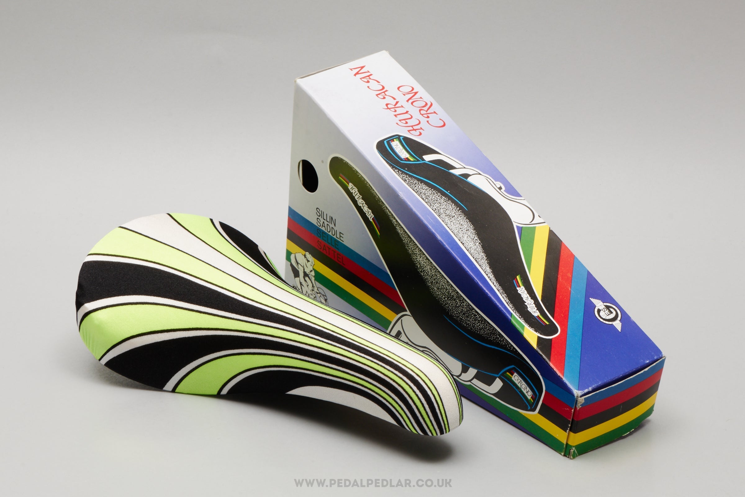 GES Huracan Crono NOS/NIB Vintage Green / White / Black Striped Saddle - Pedal Pedlar - Buy New Old Stock Bike Parts