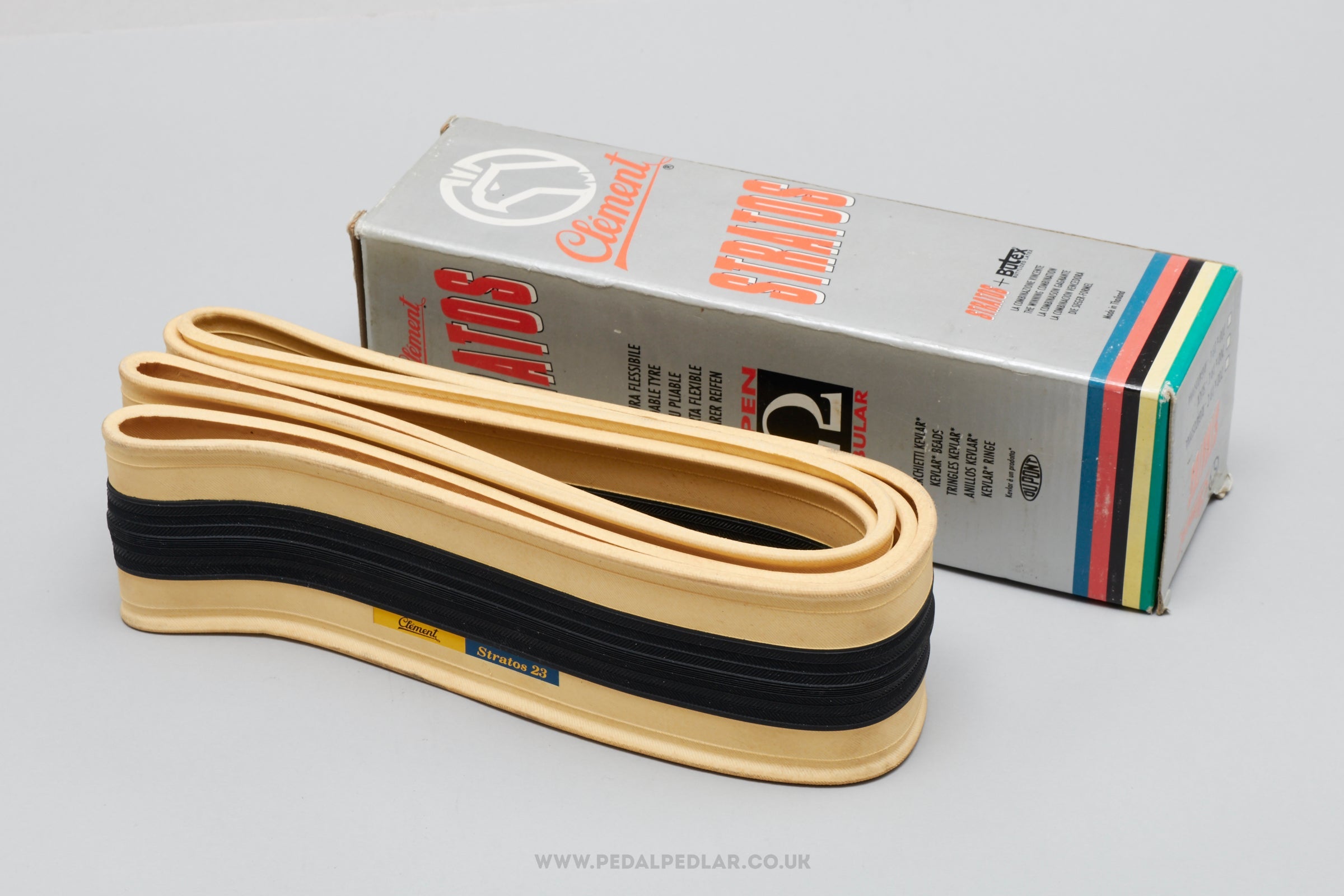 Clement Stratos Open Tubular Black/Gum NOS/NIB Vintage 700 x 23c Folding Tyre - Pedal Pedlar - Buy New Old Stock Bike Parts