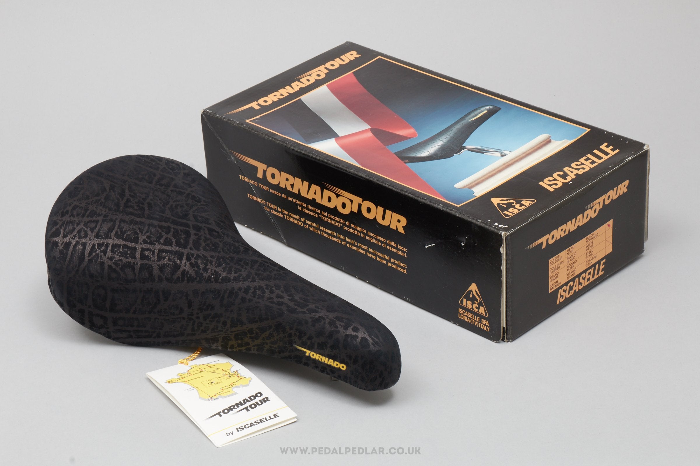 Iscaselle Tornado Tour c.1991 NOS/NIB Classic Black Suede Leather Saddle - Pedal Pedlar - Buy New Old Stock Bike Parts