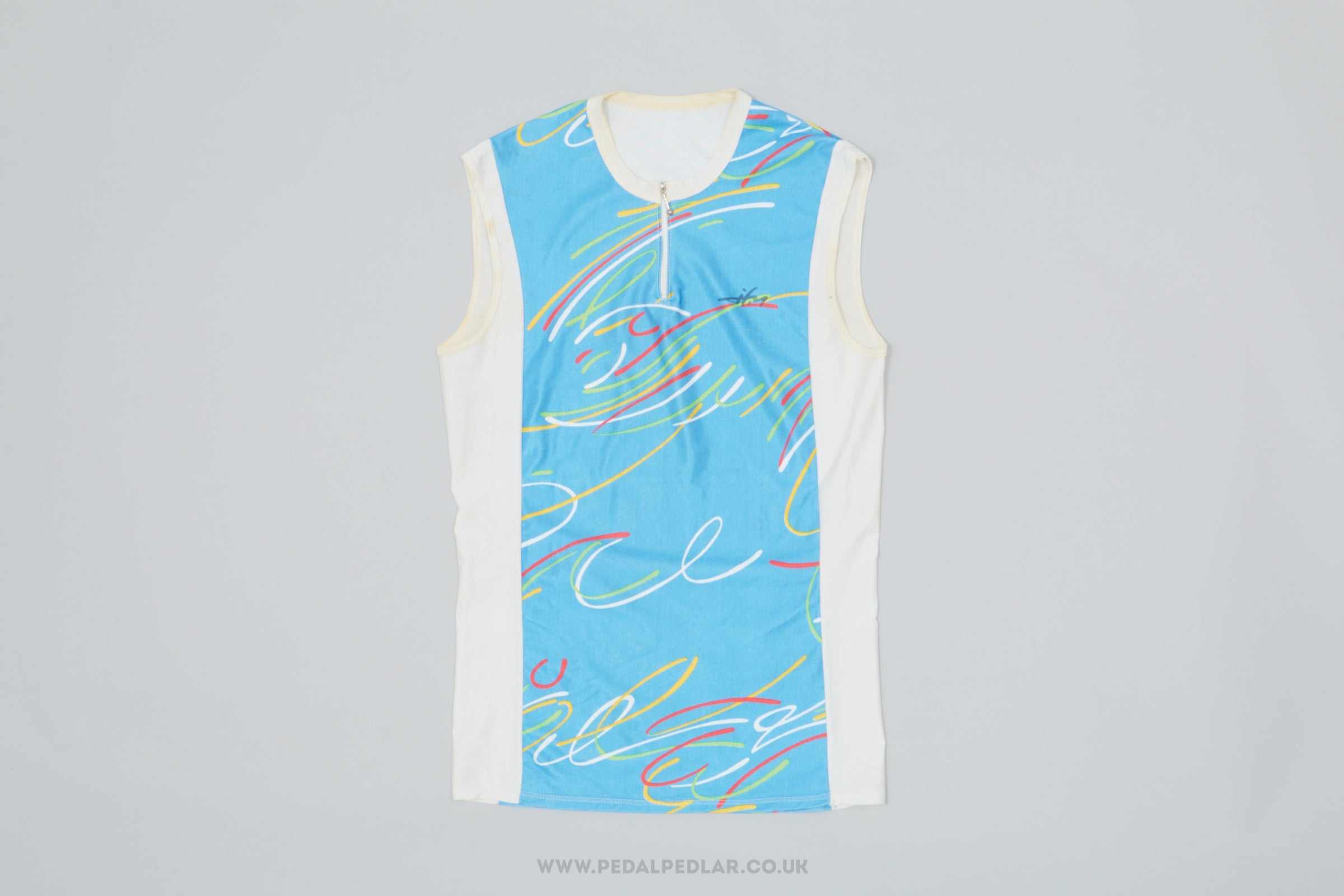 JFM Blue & White Squiggles Small Vintage Sleeveless Cycling Jersey - Pedal Pedlar - Clothing For Sale