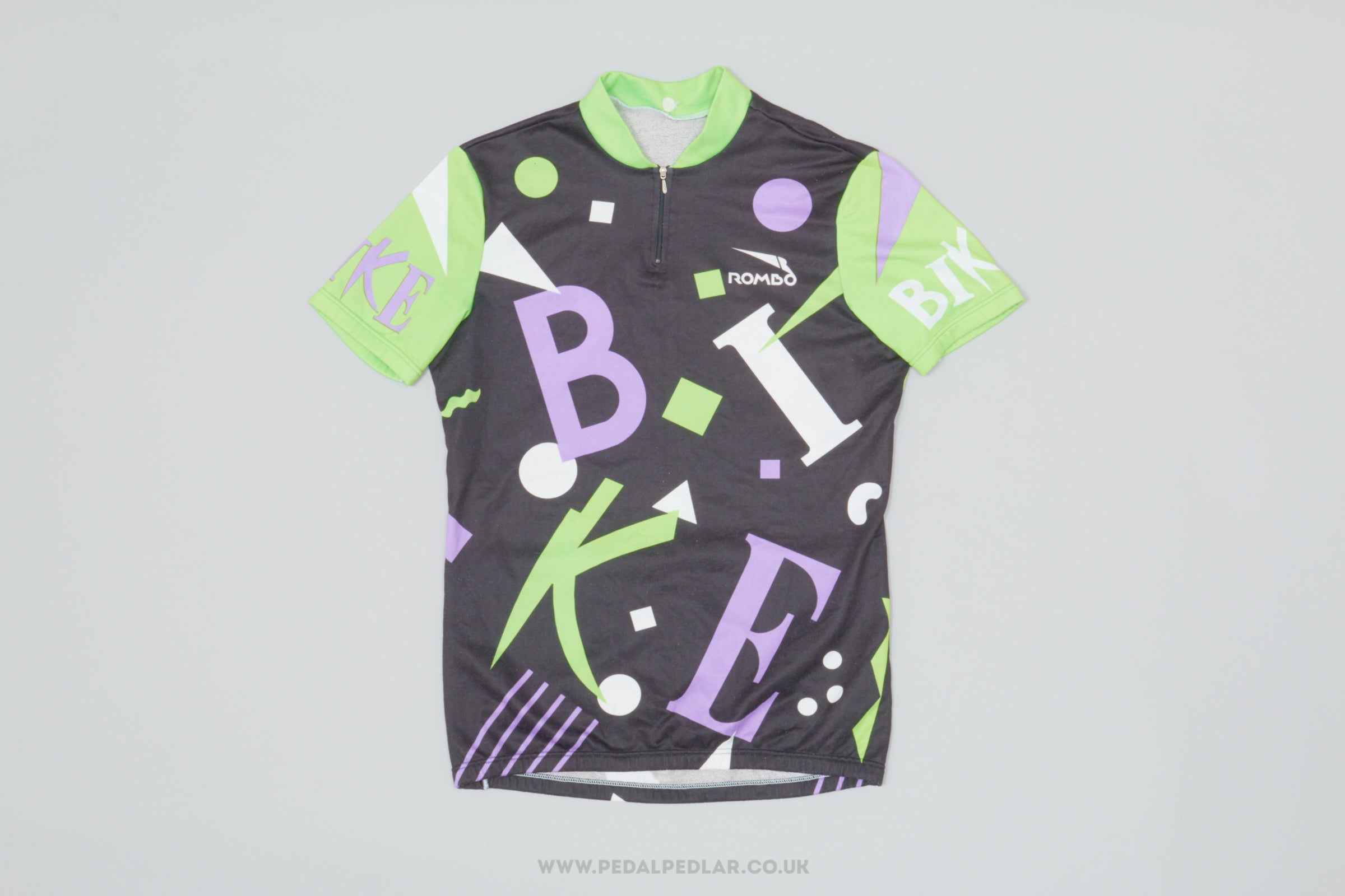 Rombo 'B I K E' Black, Purple and Green Medium Vintage Cycling Jersey - Pedal Pedlar - Clothing For Sale