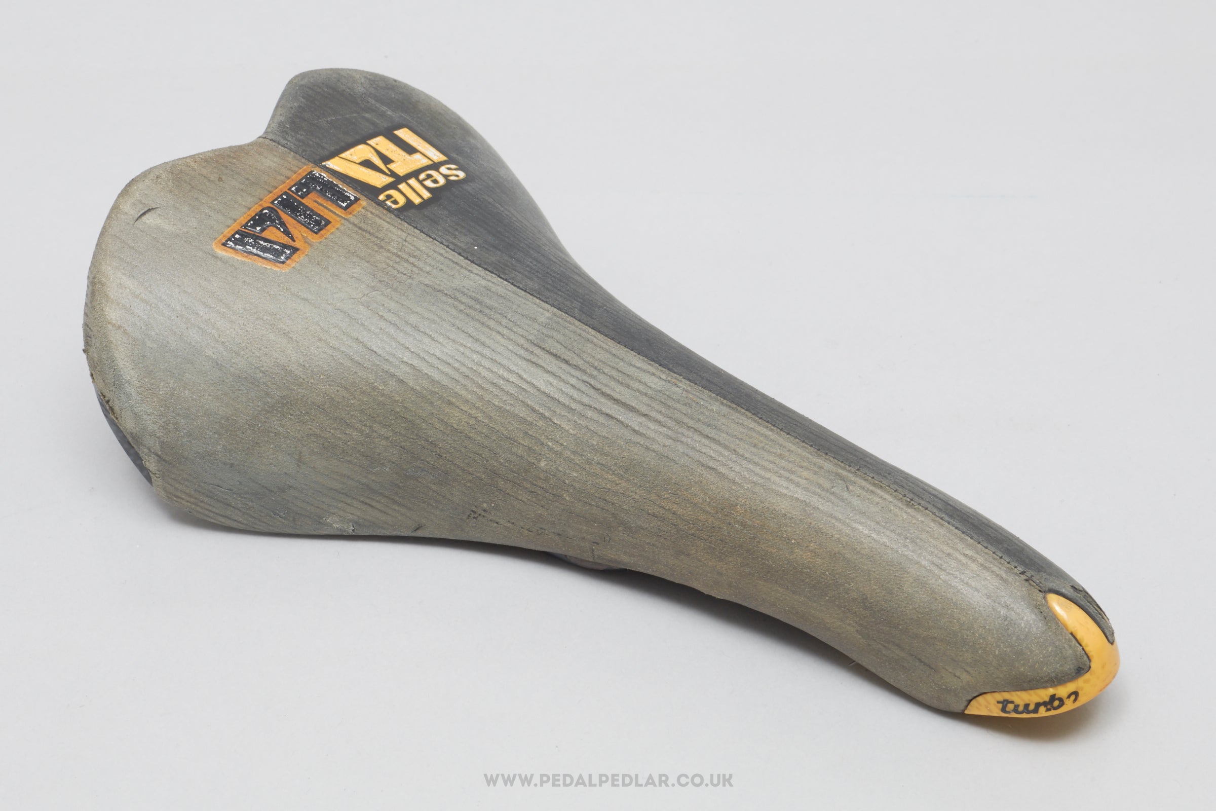 Selle Italia Turbo Matic 2 Two-Tone c.1996 Classic Black / Grey / Yellow Leather Saddle - Pedal Pedlar - Bike Parts For Sale