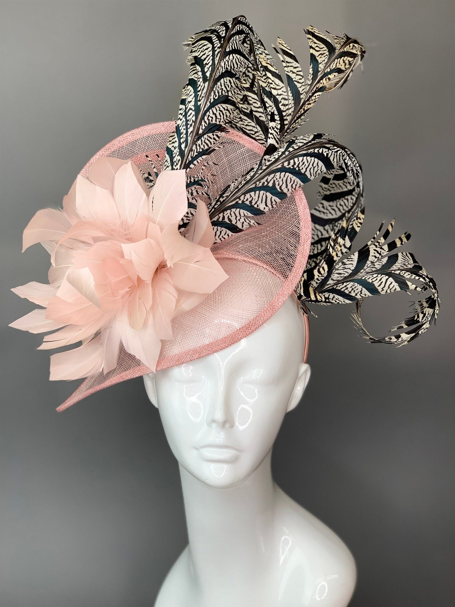Blush Pink Fascinator on headband with lady Amherst Feathers – The Hat Hive