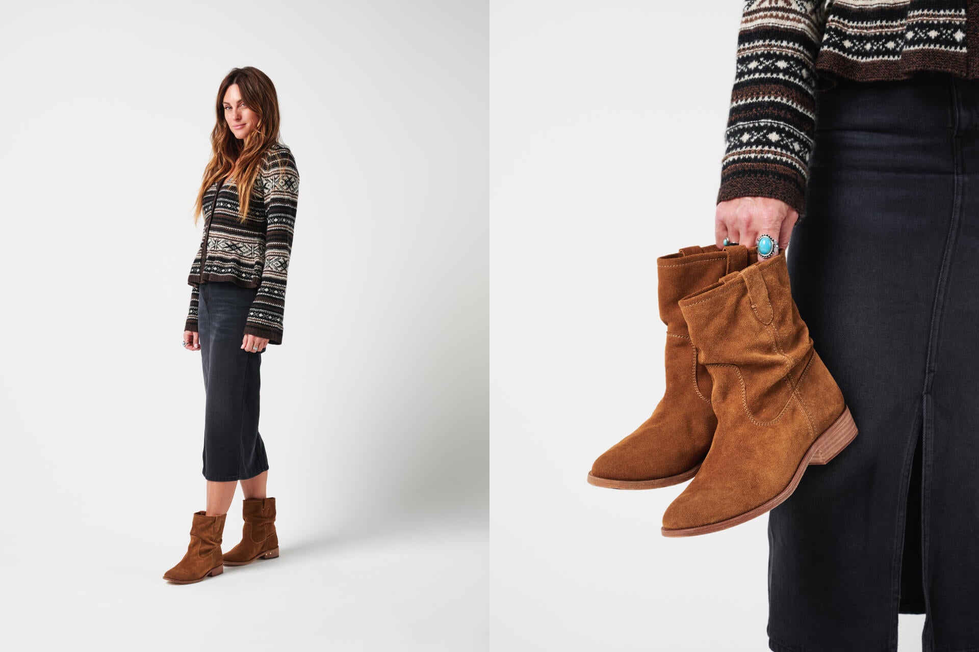 Grouse boots in chestnut styled with denim skirt by Jen Hawkins