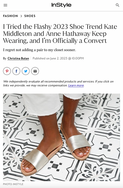 InStyle article featuring Gallito slide sandal in platinum/beach.