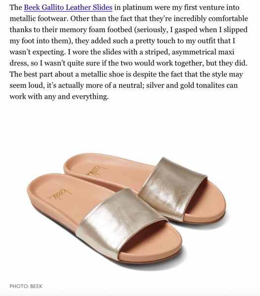 InStyle feature on Gallito slide sandal in platinum/beach.