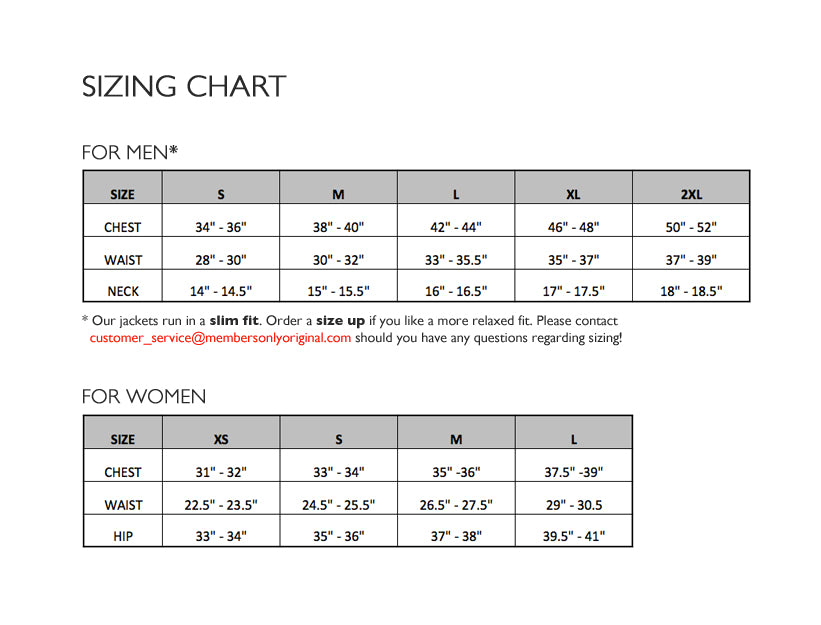Sizing chart - Our sizes run slim – Members Only® Official