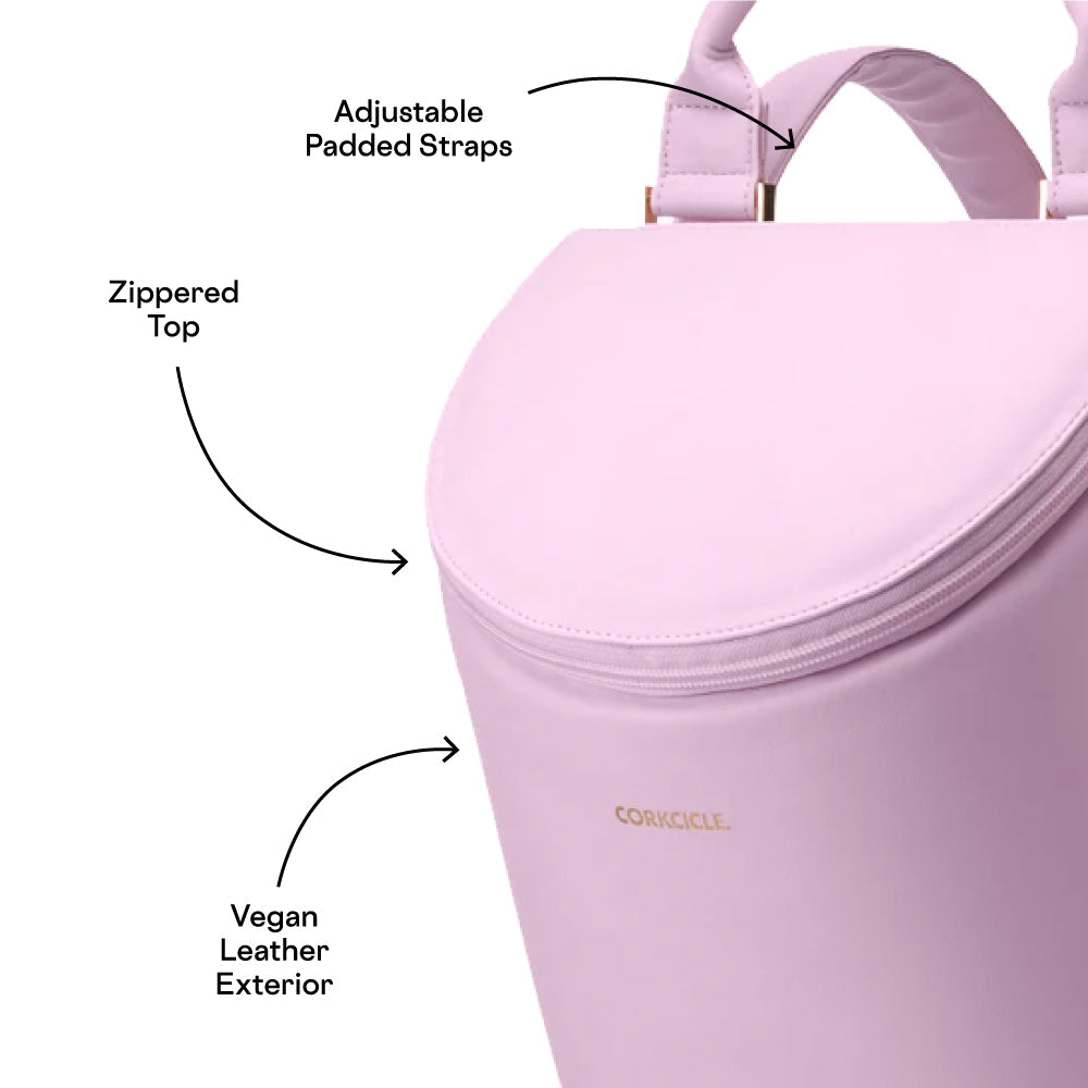 White Corkcicle tumbler with black lid and handle.