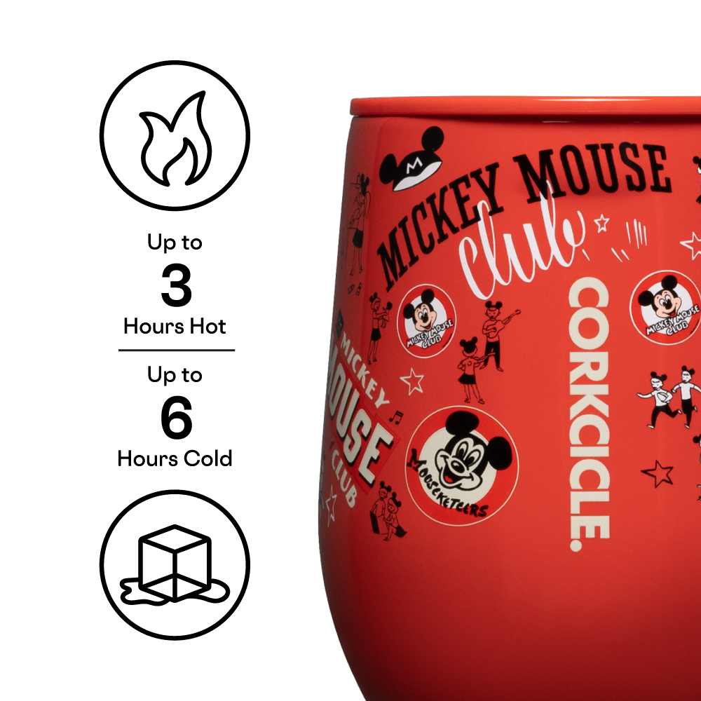 Corkcicle Disney 100 Collection Stemless Wine Glass Tumbler with Lid,  Insulated Travel Cup, 12 oz (Mickey Mouse Club Red)