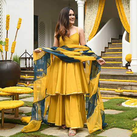 Haldi Ceremony Sleeveless Dress with Dupatta Set (2 Nos in 1 Set)