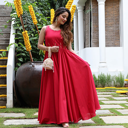 Buy Plain Red Long Gown with Dupatta Online | DressingStylesCA.com