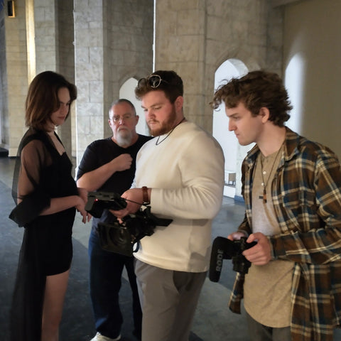 A group shot of the cinematographer, Chloe the model , Max the assistant and me. 