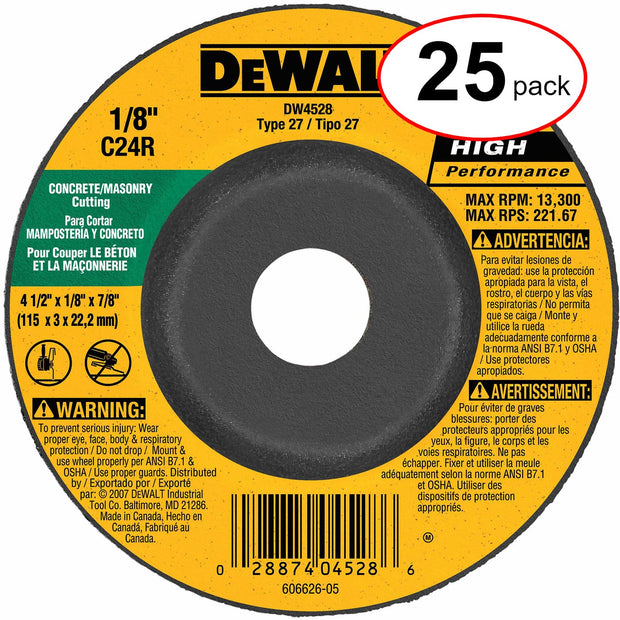 DeWalt DW4528 4-1/2" x 1/8" x 7/8" T27 Concrete/Masonry Grinding Wheel (25 Pack)