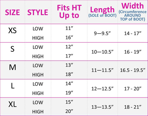 Boot Cover Fashions Size Chart for Standard Sizes
