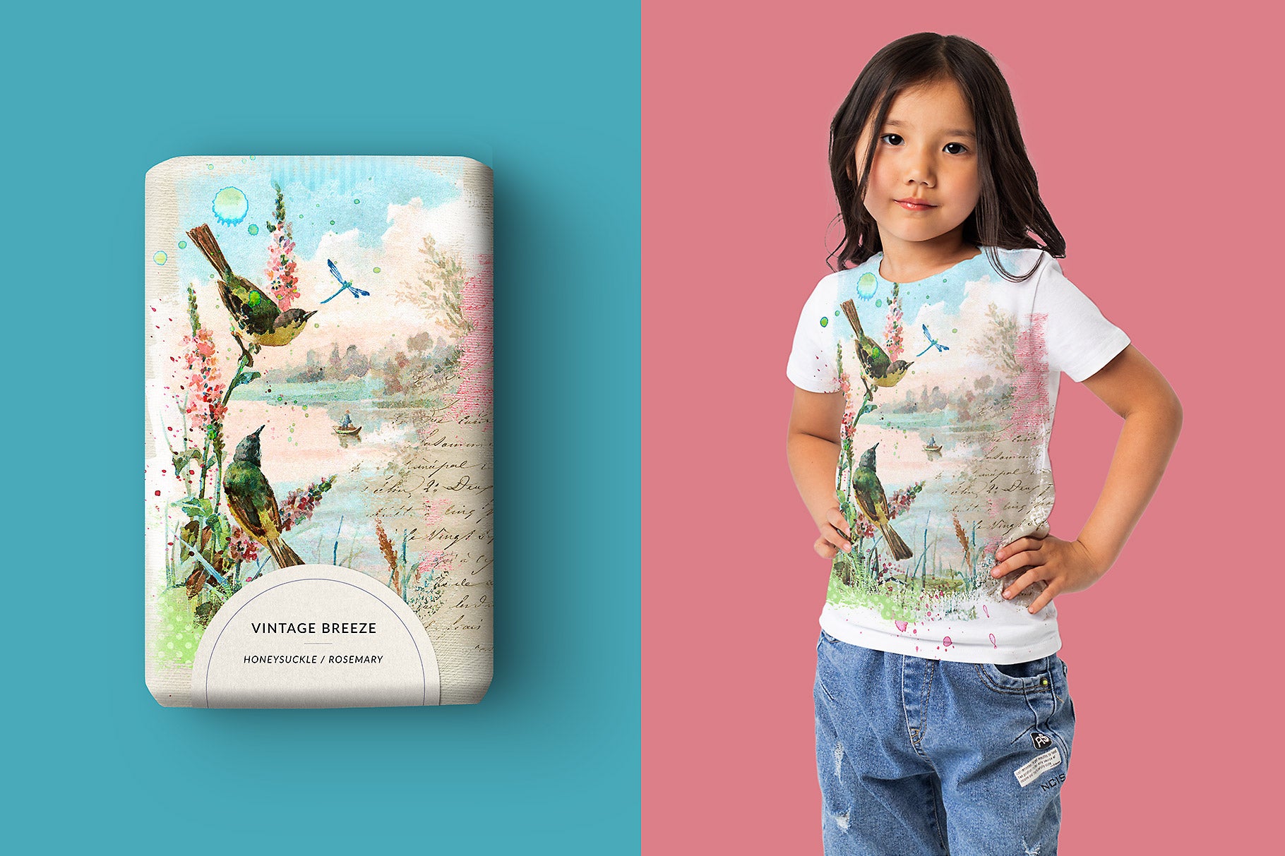 Soap packaging and t-shirt design using a vintage scenic bird illustration digital collage.