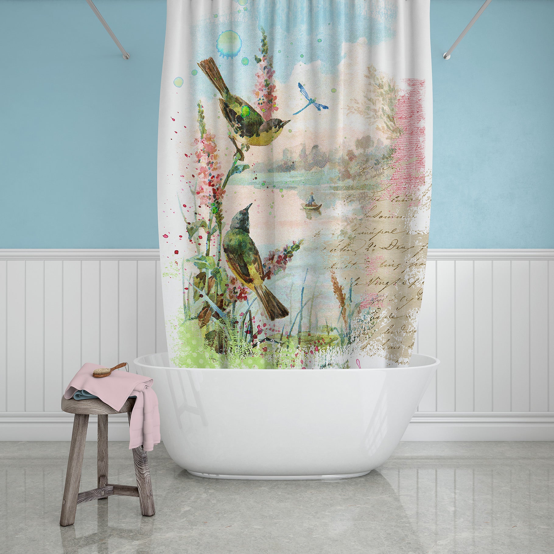 Shower curtain design mockup with a vintage scenic bird illustration design.