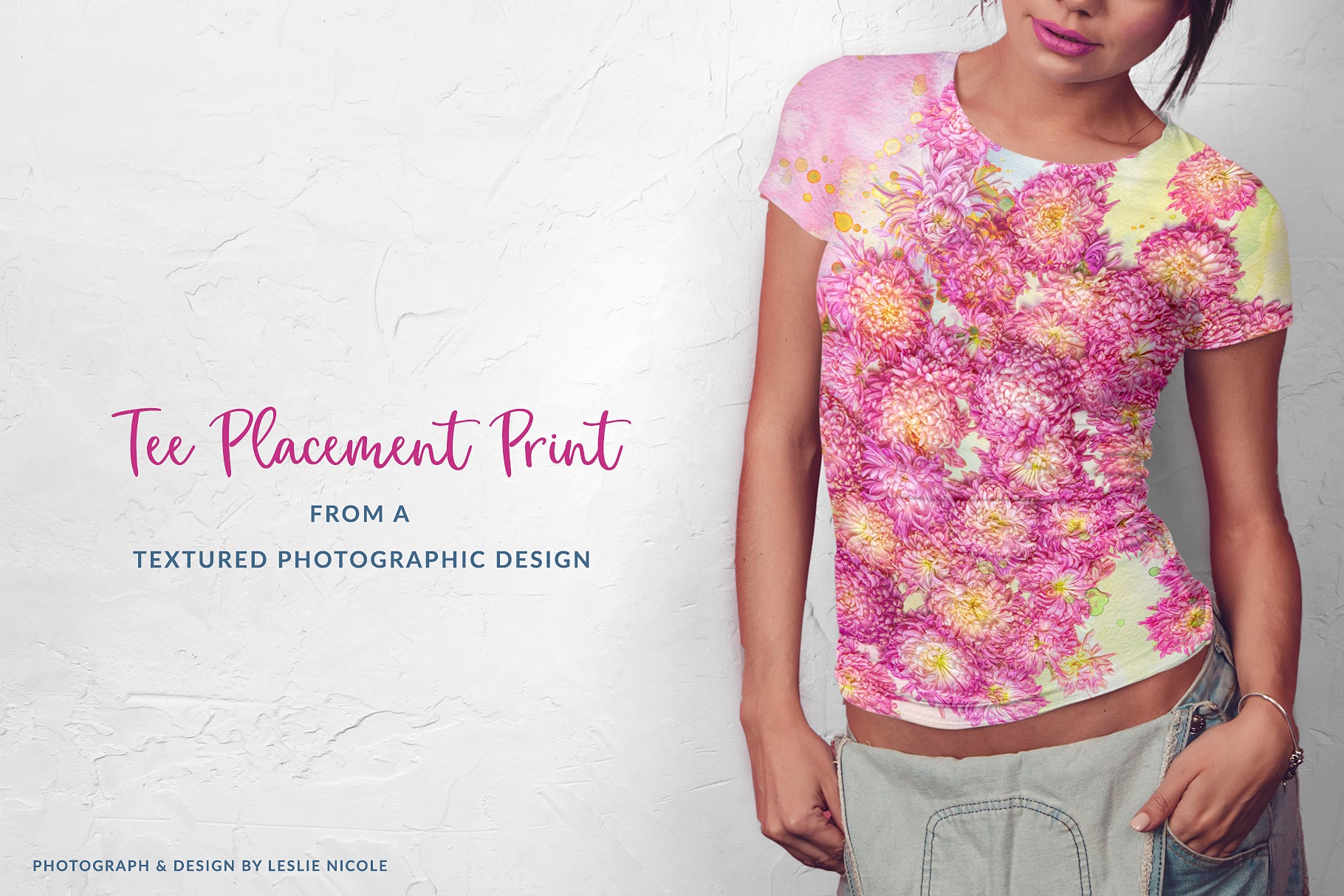 Photographic floral design for a tee using a free watercolor texture.