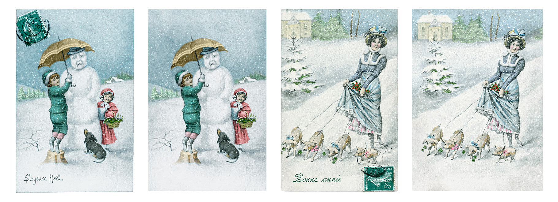 Vintage French Christmas winter holiday snow scene with children digital graphics.