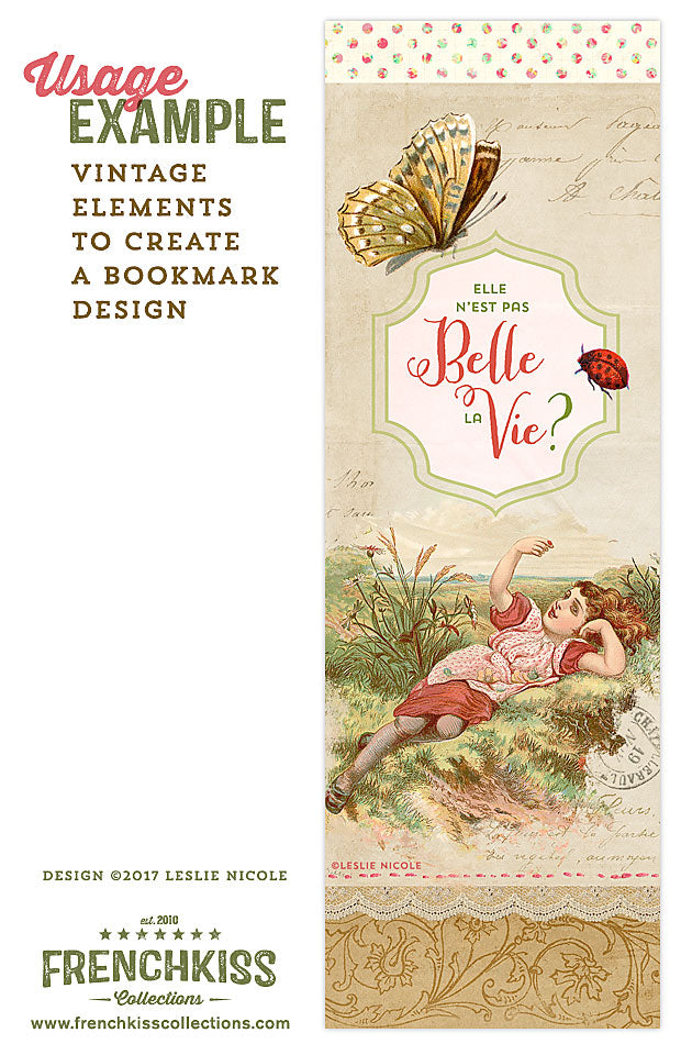 Bookmark design example using vintage elements from French Kiss Collections.