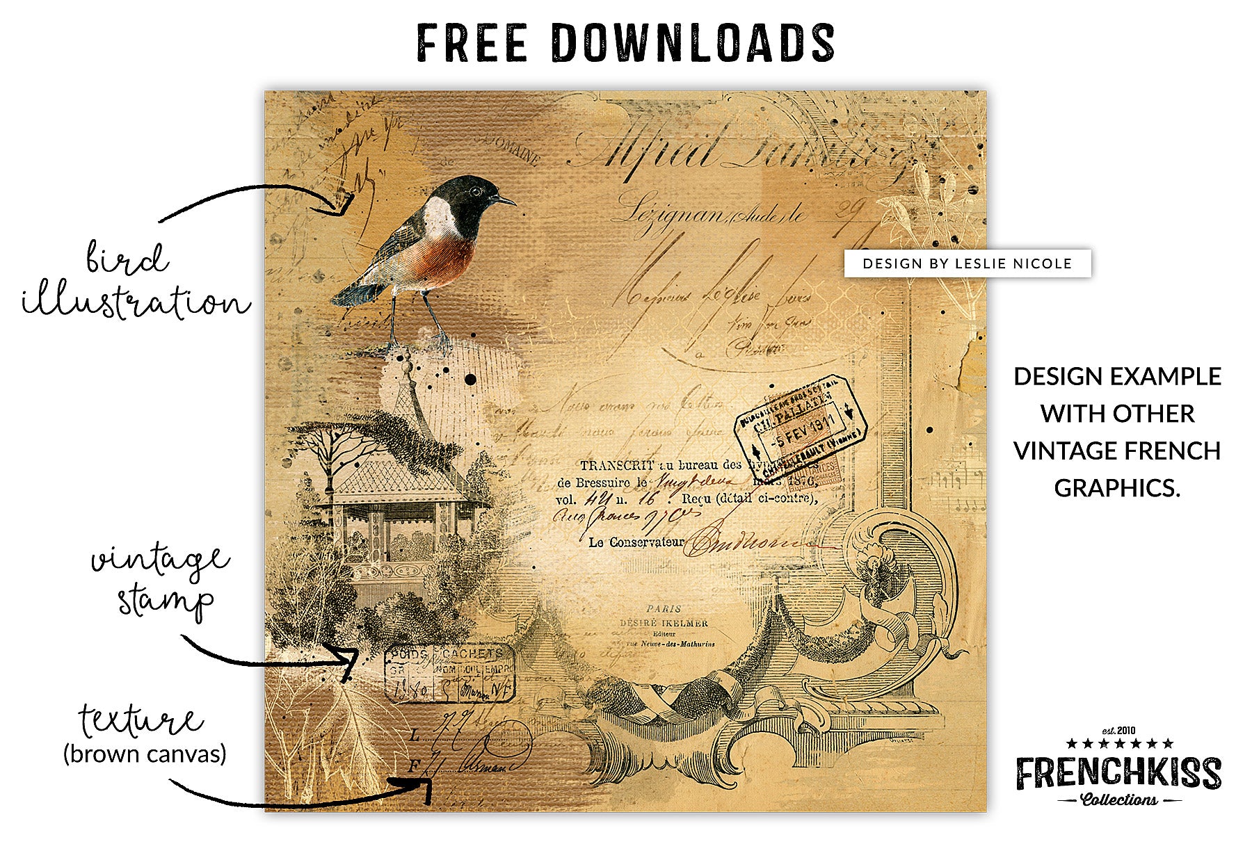 Vintage design using free graphics download of texture, bird, and ephemera.