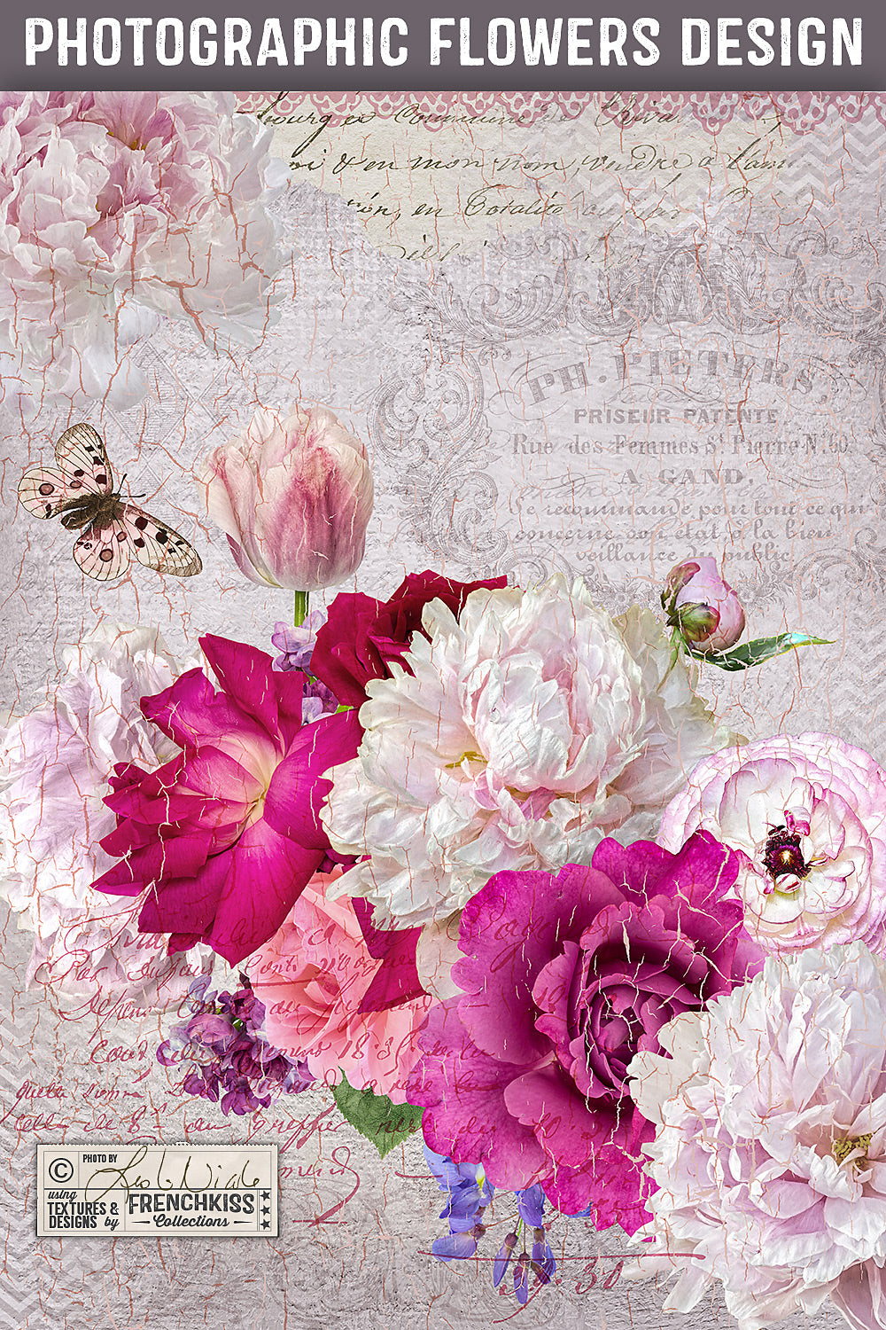 Design using photographic flowers, vintage French, textures, and grunge.