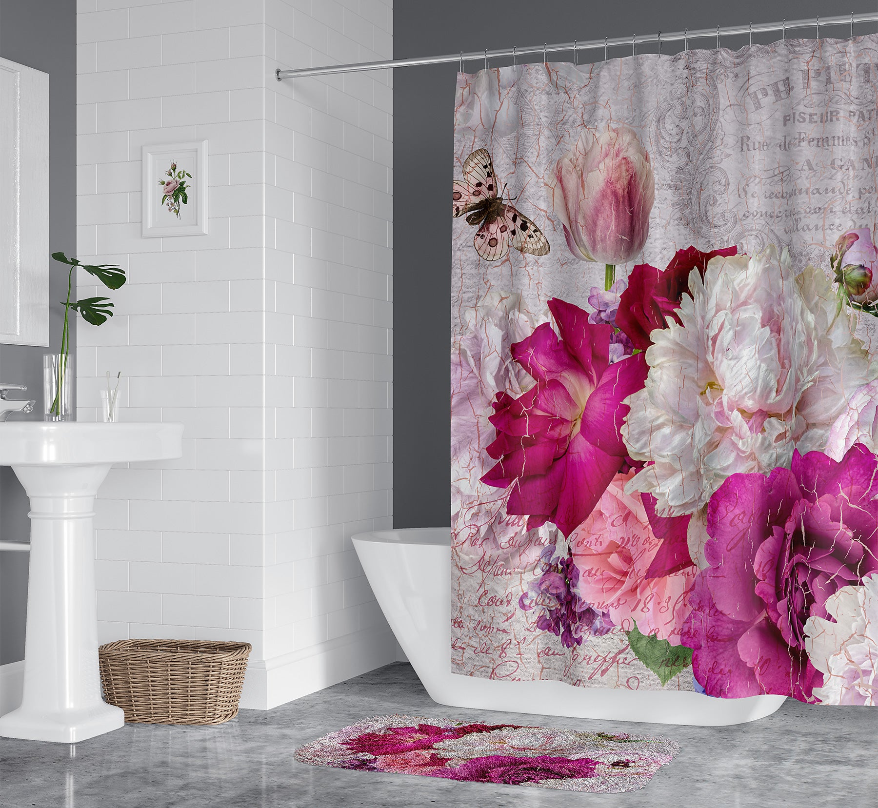 Shower curtain design with vintage French and photographic flowers.