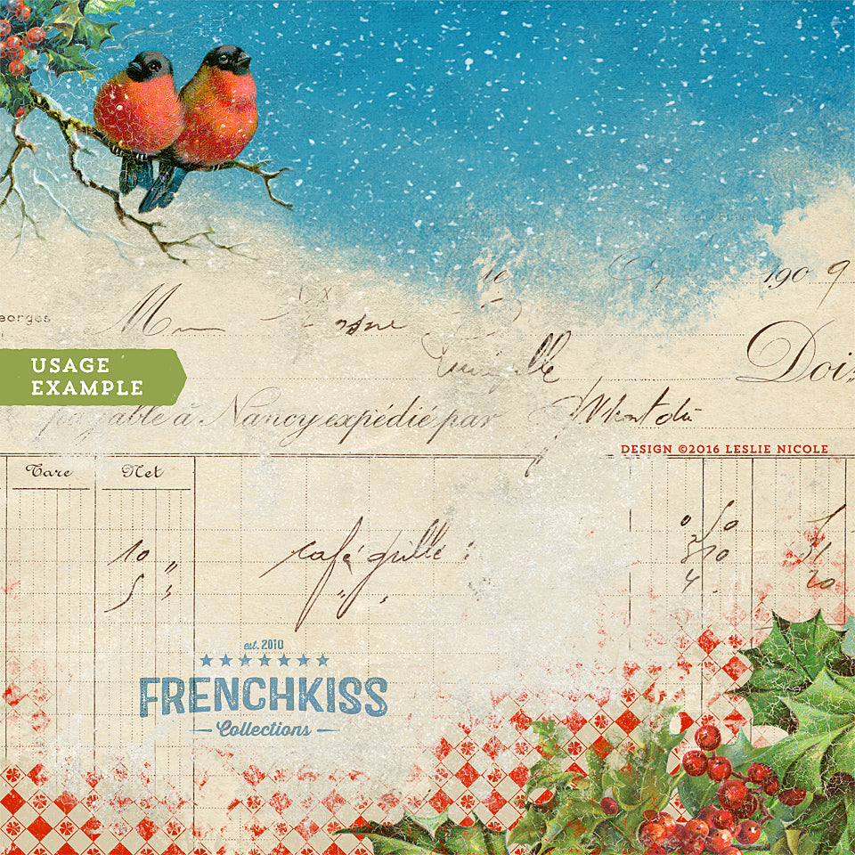 Christmas digital paper design with vintage graphics including Bullfinches and holly illustrations.