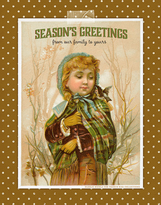 Season's greetings with a vintage illustration of a girl in the snow and a polka dot digital paper.