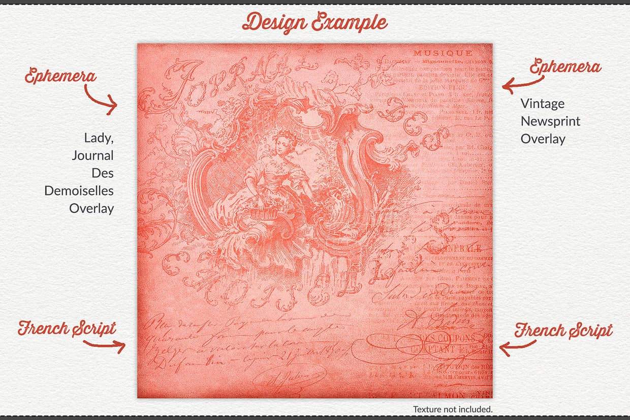 Digital paper design example using graphics from The Essential Vintage French Graphics Collection including ephemera and French Script overlays.