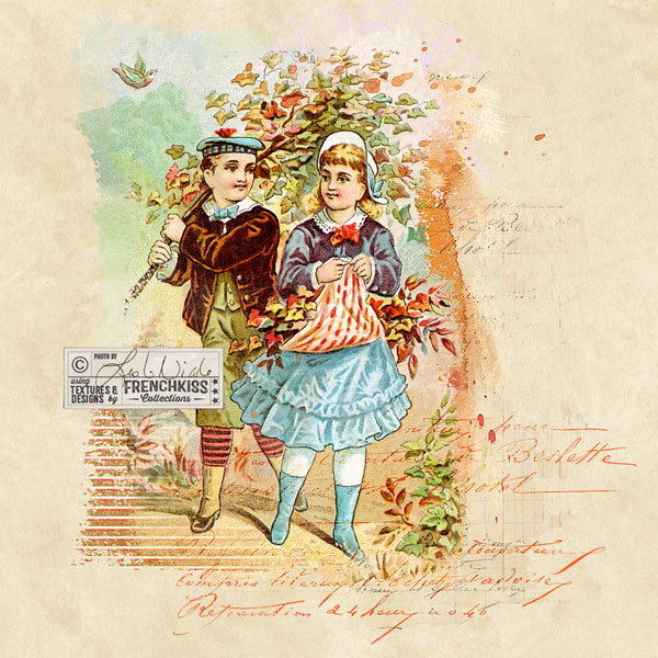 Blendable graphic made from a vintage illustration of a boy and girl gathering leaves.