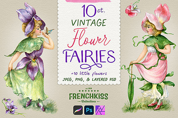 Vintage Flower Fairies illustrations digital graphics.