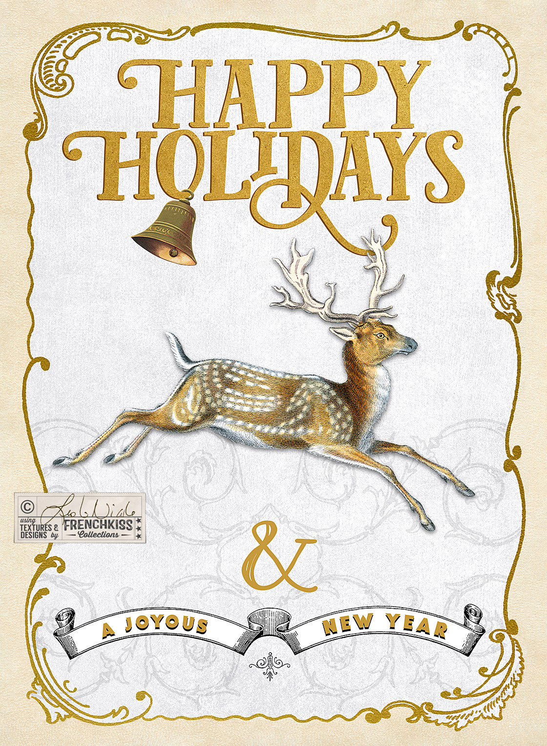 Christmas card design using a vintage deer illustration and vintage frame. 