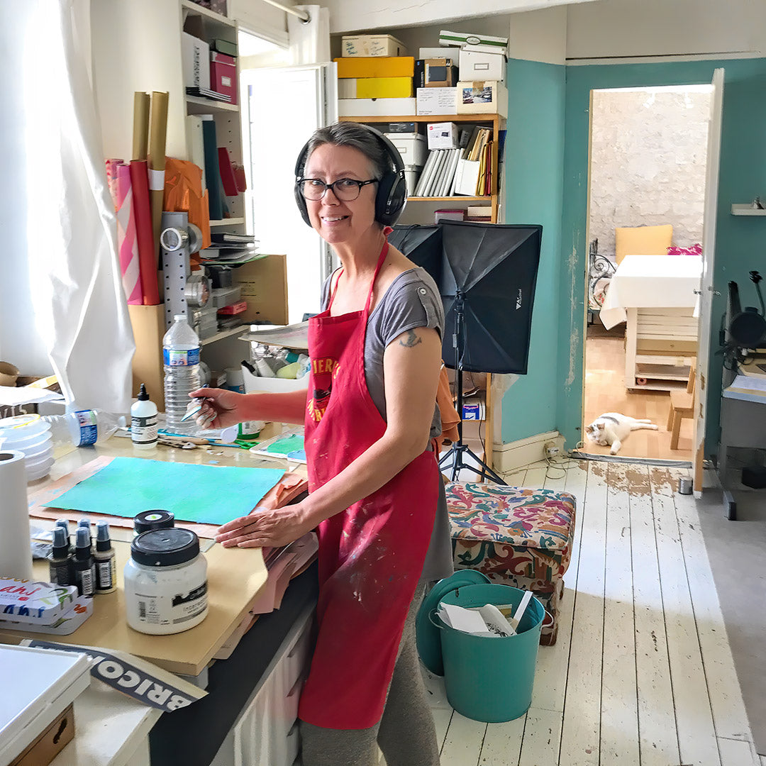 Leslie Nicole hard at work on textures in her studio.