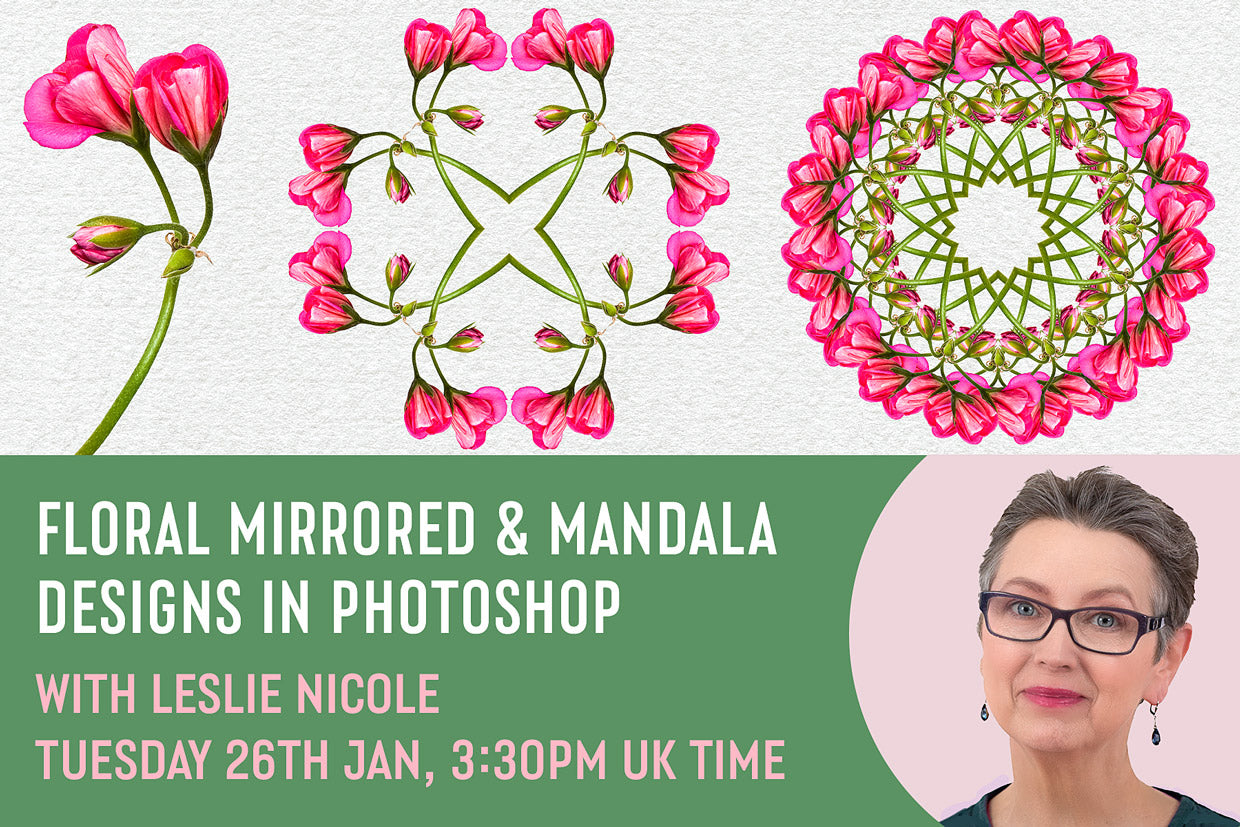 Floral Mirrored & Mandala designs in Photoshop Free video tutorial with Leslie Nicole hosted by Design Cuts..