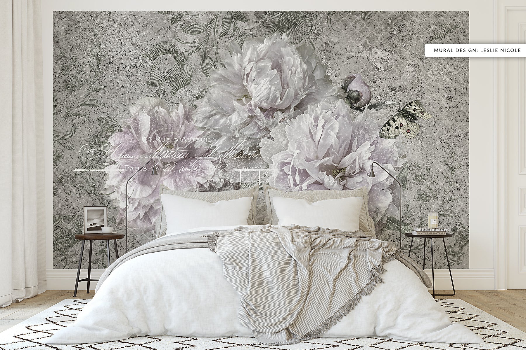 Ornamental Peony Grunge Mural design for a bedroom.