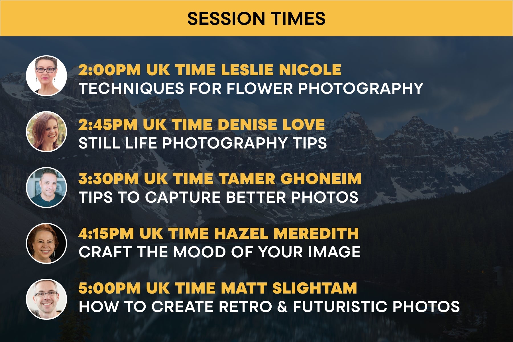 Photography Live Event with Design Cuts session times.