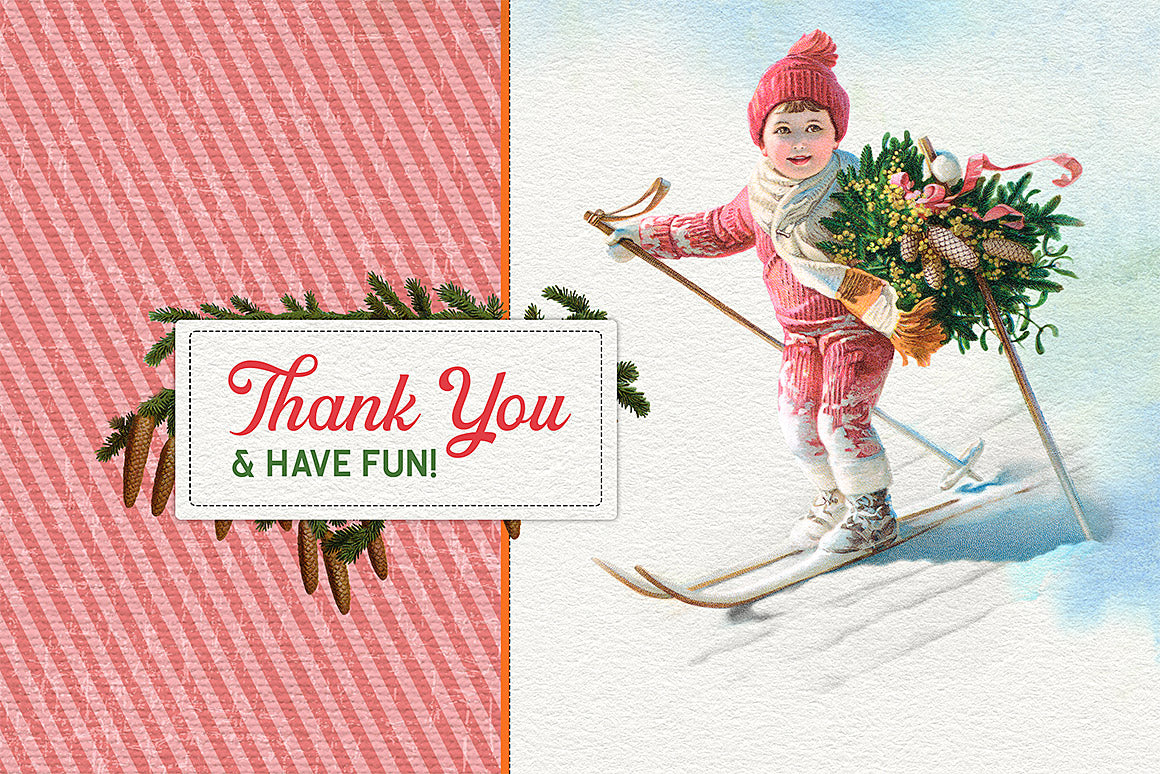 Chrismas vintage illustration of a boy skiing and thank you.