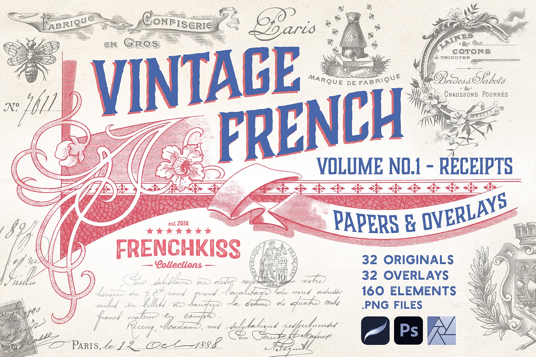 The Vintage French Papers and Overlays Volume One digital graphics collection.