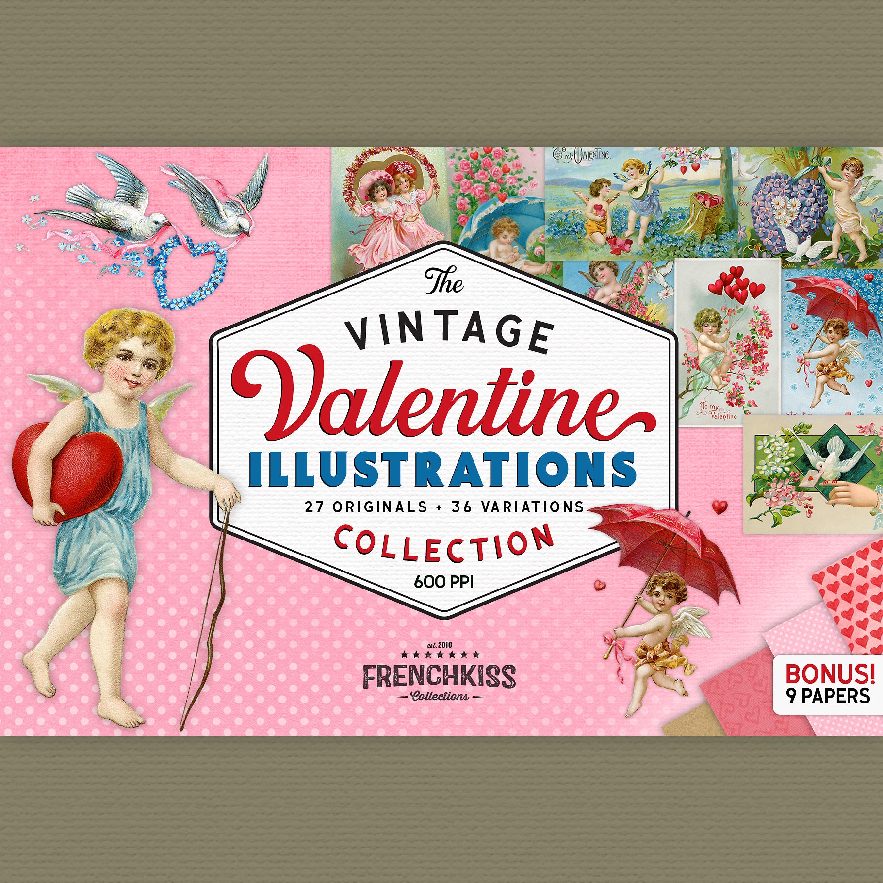 Vintage Valentine Illustrations digital graphics collection - French Kiss  Collections