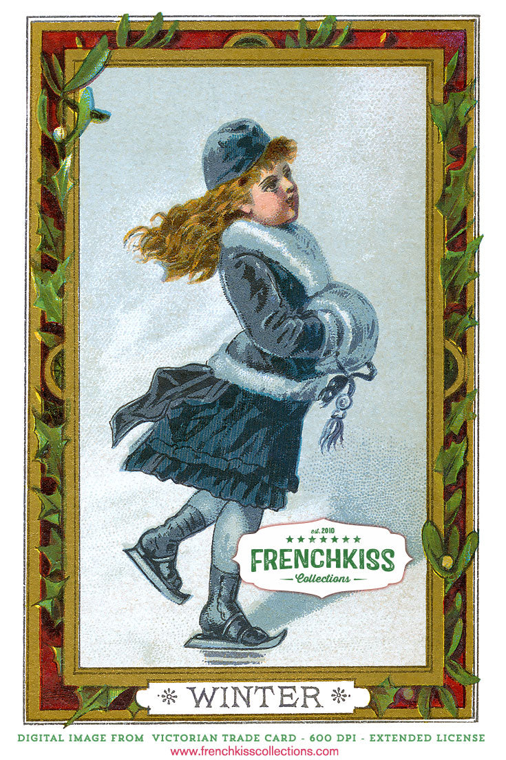 Winter girl skating digital download illustration from a Victorian Trade Card.