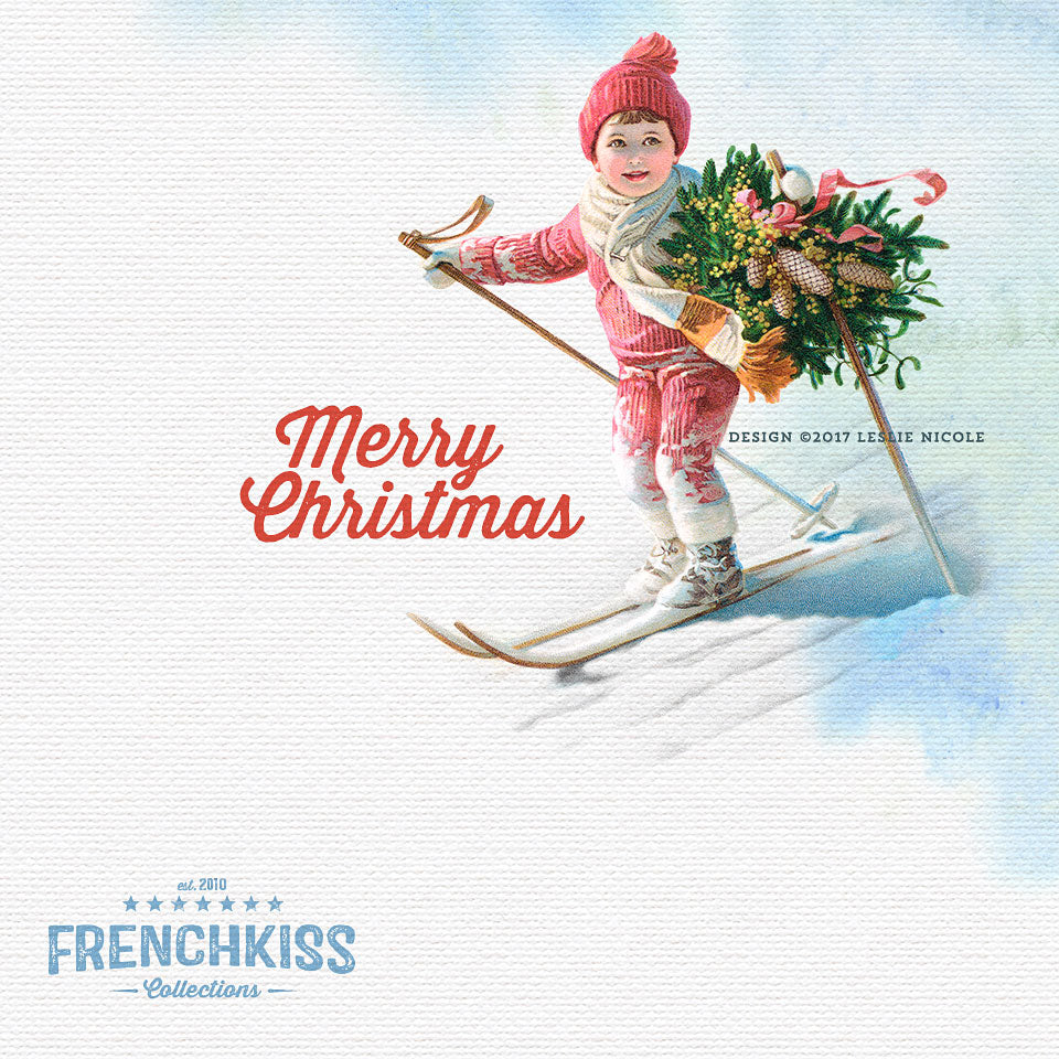 Example using a vintage digital illustration of a boy skiing holding a Christmas wreath.